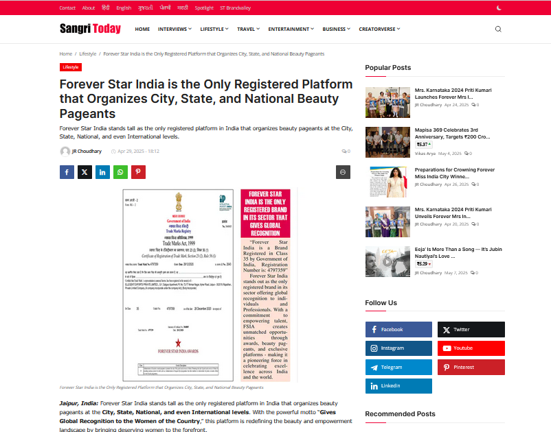 Forever Star India is the Only Registered Platform that Organizes City, State, and National Beauty Pageants
